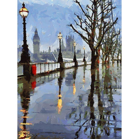 Rainy London Black Modern Wood Framed Art Print with Double Matting by Medeiros, Celito