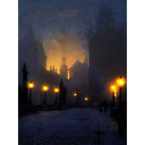 Charles Bridge in Prague White Modern Wood Framed Art Print by Medeiros, Celito