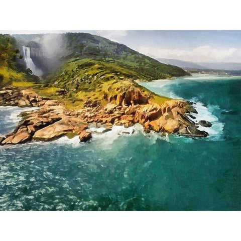 Watterfall on Island White Modern Wood Framed Art Print by Medeiros, Celito