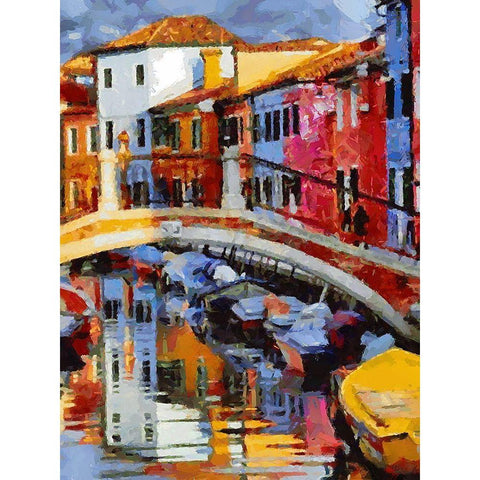 Boats with colorful Houses V White Modern Wood Framed Art Print by Medeiros, Celito