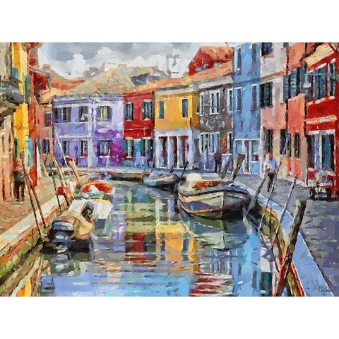 Boats with colorful Houses VI White Modern Wood Framed Art Print by Medeiros, Celito