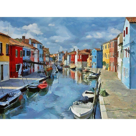 Boats with colorful Houses VII White Modern Wood Framed Art Print by Medeiros, Celito