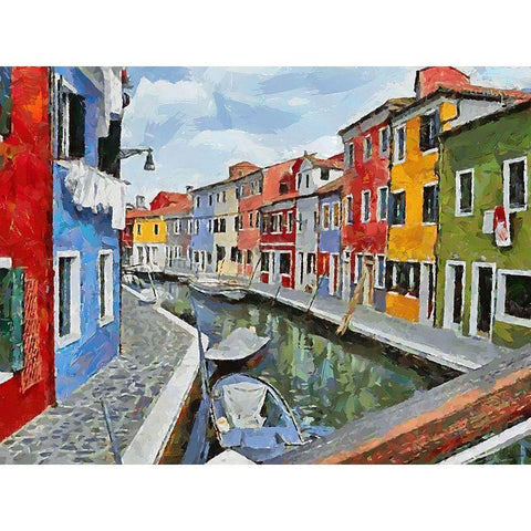 Boats with colorful Houses VIII White Modern Wood Framed Art Print by Medeiros, Celito