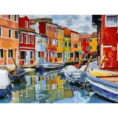 Boats with colorful Houses IX White Modern Wood Framed Art Print by Medeiros, Celito