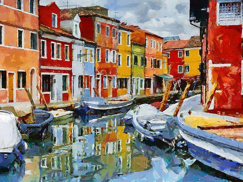 Boats with colorful Houses IX White Modern Wood Framed Art Print with Double Matting by Medeiros, Celito