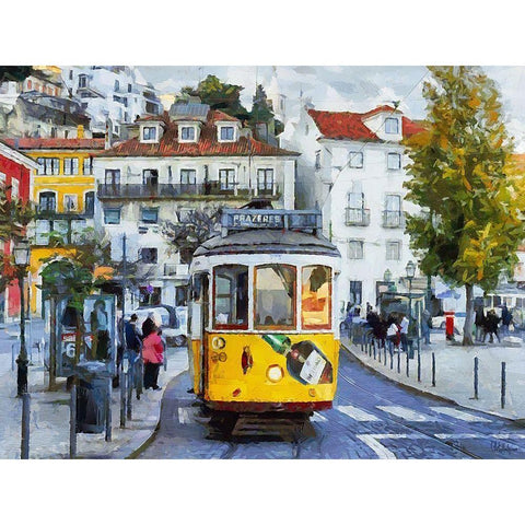 Yellow Tram Black Modern Wood Framed Art Print by Medeiros, Celito