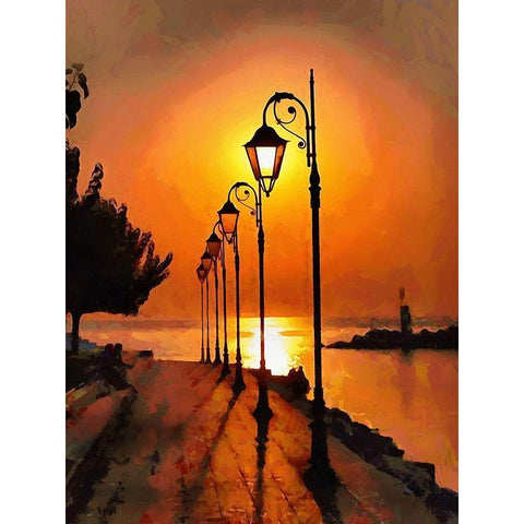 Lamps in the Harbor by Sunset Gold Ornate Wood Framed Art Print with Double Matting by Medeiros, Celito