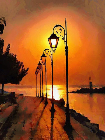 Lamps in the Harbor by Sunset Black Ornate Wood Framed Art Print with Double Matting by Medeiros, Celito