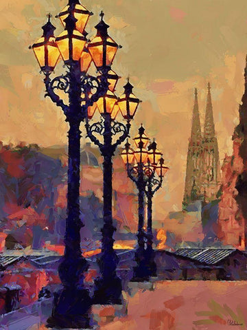 Lamps with Cathedral view Black Ornate Wood Framed Art Print with Double Matting by Medeiros, Celito