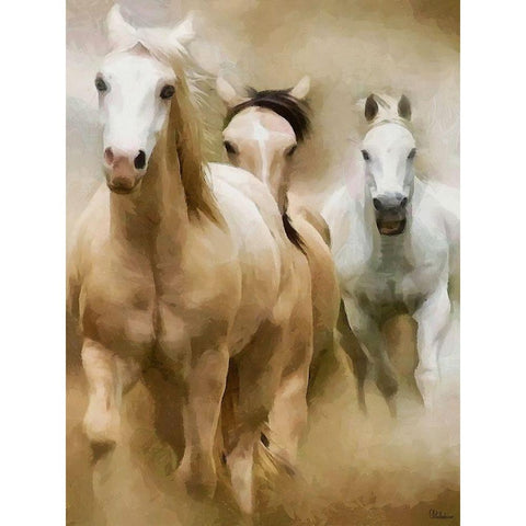 White Running Horses Gold Ornate Wood Framed Art Print with Double Matting by Medeiros, Celito