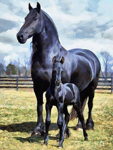 Mare with Foal Black Ornate Wood Framed Art Print with Double Matting by Medeiros, Celito