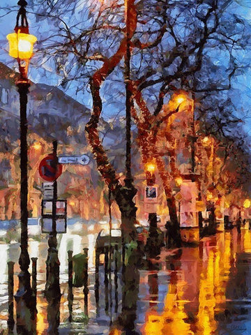 Street with Lamps Black Ornate Wood Framed Art Print with Double Matting by Medeiros, Celito