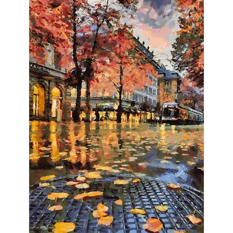 Tram in Autumn Black Modern Wood Framed Art Print with Double Matting by Medeiros, Celito