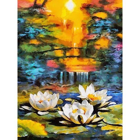 Three Watterlilies Black Modern Wood Framed Art Print by Medeiros, Celito