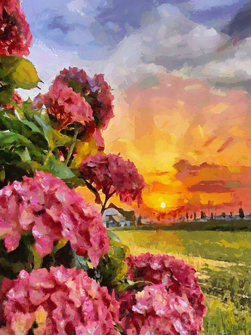 Sunset with Pink Flowers I Black Ornate Wood Framed Art Print with Double Matting by Medeiros, Celito