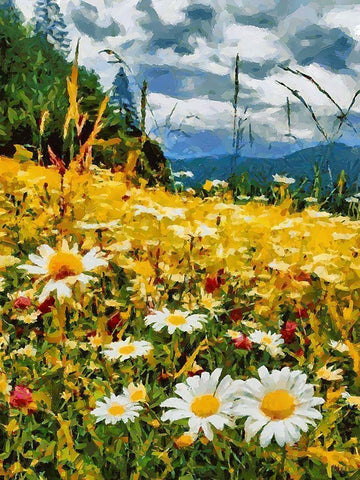 Meadow with Daisies I White Modern Wood Framed Art Print with Double Matting by Medeiros, Celito