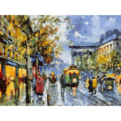 Green Tram in Paris Gold Ornate Wood Framed Art Print with Double Matting by Medeiros, Celito