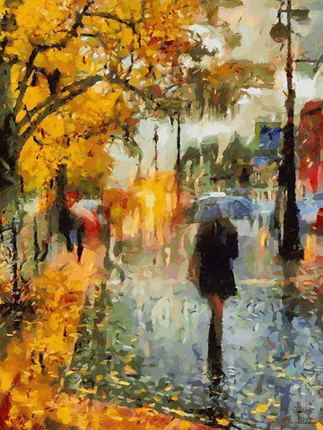 Girl With Umbrella in Autumn White Modern Wood Framed Art Print with Double Matting by Medeiros, Celito