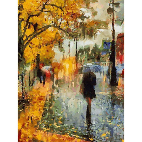 Girl With Umbrella in Autumn Black Modern Wood Framed Art Print by Medeiros, Celito