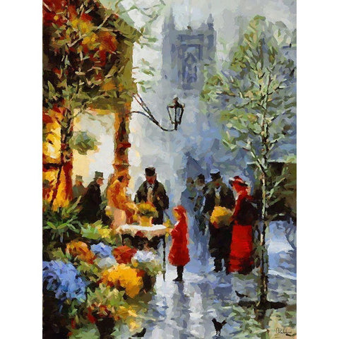 Old Paris Flower Market White Modern Wood Framed Art Print by Medeiros, Celito