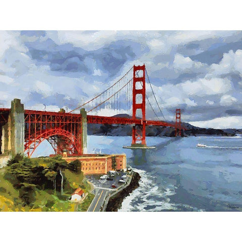 Golden Bridge View White Modern Wood Framed Art Print by Medeiros, Celito