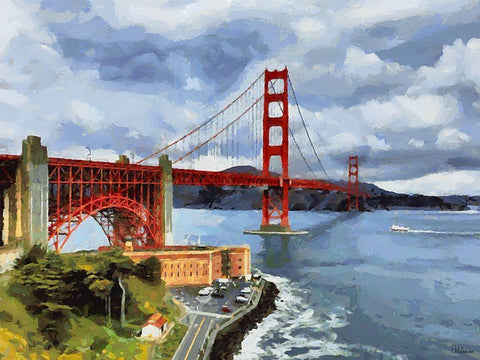 Golden Bridge View Black Ornate Wood Framed Art Print with Double Matting by Medeiros, Celito