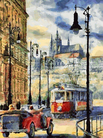 Tram in Prague Black Ornate Wood Framed Art Print with Double Matting by Medeiros, Celito