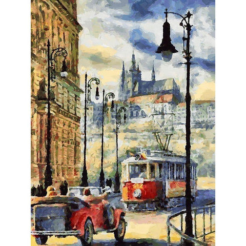 Tram in Prague Gold Ornate Wood Framed Art Print with Double Matting by Medeiros, Celito