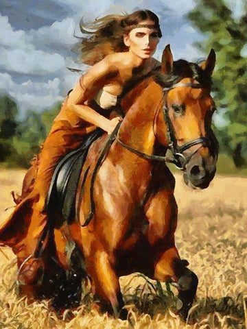 The Girl Rides a Brown Horse Black Ornate Wood Framed Art Print with Double Matting by Medeiros, Celito