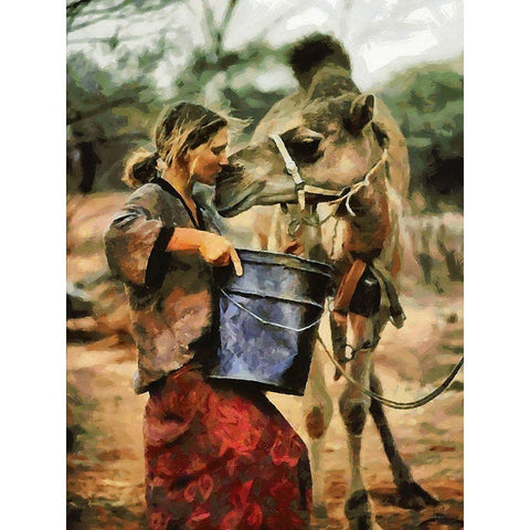 Girl feeding  Camel Gold Ornate Wood Framed Art Print with Double Matting by Medeiros, Celito