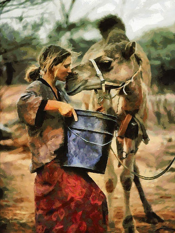 Girl feeding  Camel Black Ornate Wood Framed Art Print with Double Matting by Medeiros, Celito