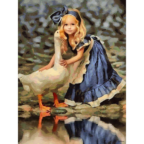 Small girl with Goose White Modern Wood Framed Art Print by Medeiros, Celito