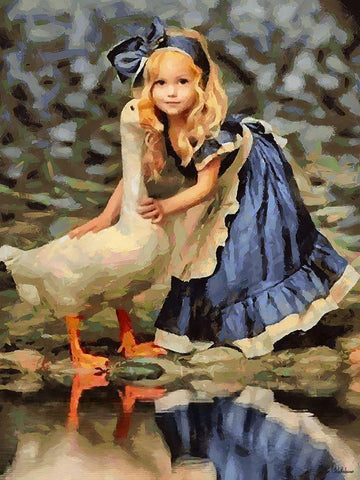 Small girl with Goose Black Ornate Wood Framed Art Print with Double Matting by Medeiros, Celito
