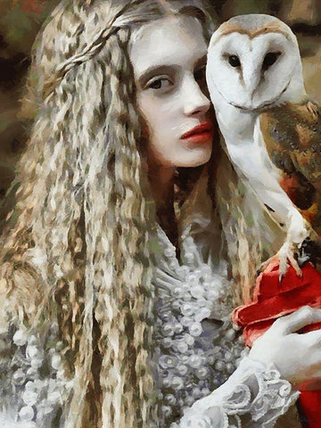 White Girl with Owl White Modern Wood Framed Art Print with Double Matting by Medeiros, Celito
