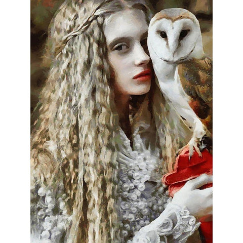 White Girl with Owl Gold Ornate Wood Framed Art Print with Double Matting by Medeiros, Celito