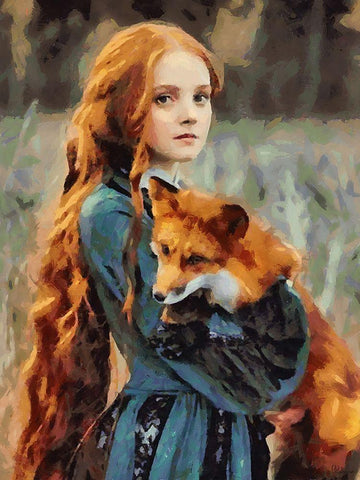 Girl with a Fox Black Ornate Wood Framed Art Print with Double Matting by Medeiros, Celito