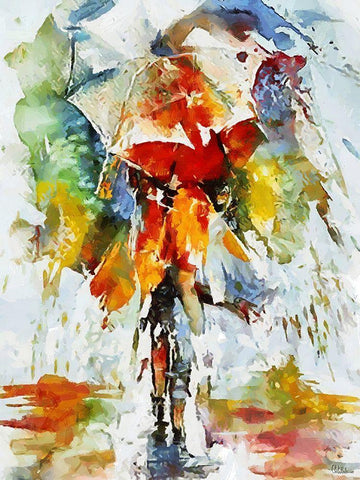 Watercolor lady with Umbrella White Modern Wood Framed Art Print with Double Matting by Medeiros, Celito