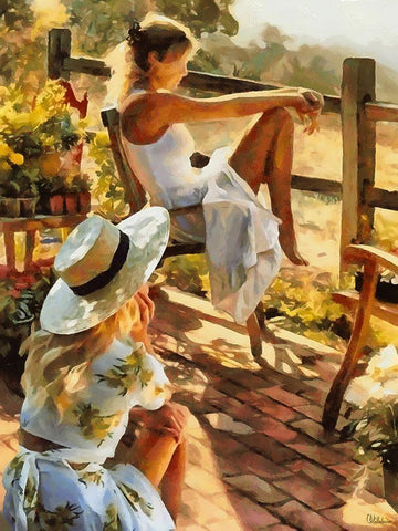 Sitting Girls White Modern Wood Framed Art Print with Double Matting by Medeiros, Celito