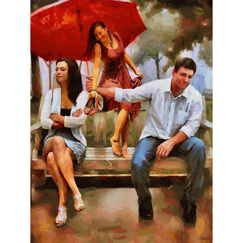 On a Bench Black Modern Wood Framed Art Print with Double Matting by Medeiros, Celito