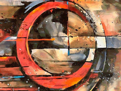 Red Wheel Black Ornate Wood Framed Art Print with Double Matting by Medeiros, Celito