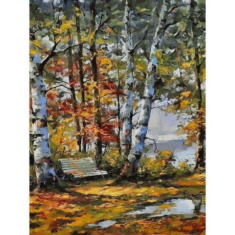 Bench under the Birches Gold Ornate Wood Framed Art Print with Double Matting by Medeiros, Celito