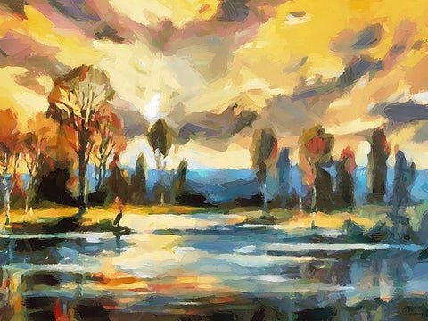 Sunset over the Lake White Modern Wood Framed Art Print with Double Matting by Medeiros, Celito