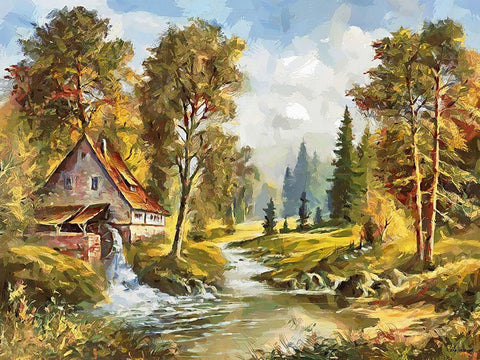 An Old Mill with Watterfall White Modern Wood Framed Art Print with Double Matting by Medeiros, Celito