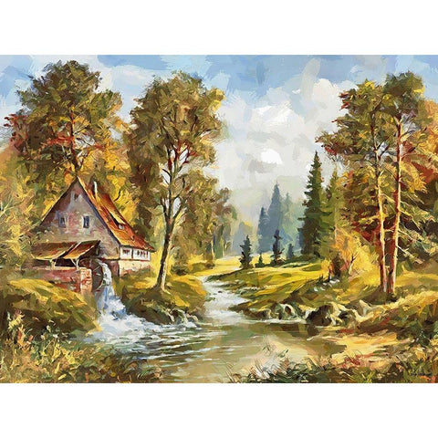 An Old Mill with Watterfall Black Modern Wood Framed Art Print by Medeiros, Celito
