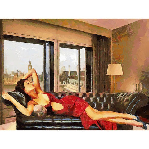 Girl in Red in London Black Modern Wood Framed Art Print with Double Matting by Medeiros, Celito