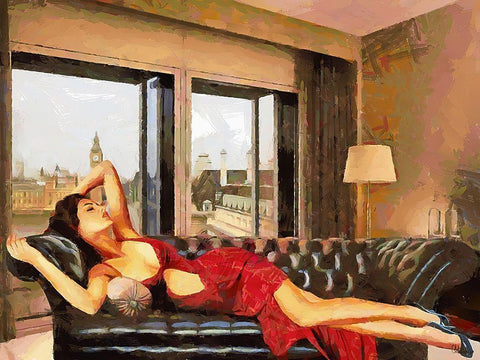 Girl in Red in London Black Ornate Wood Framed Art Print with Double Matting by Medeiros, Celito