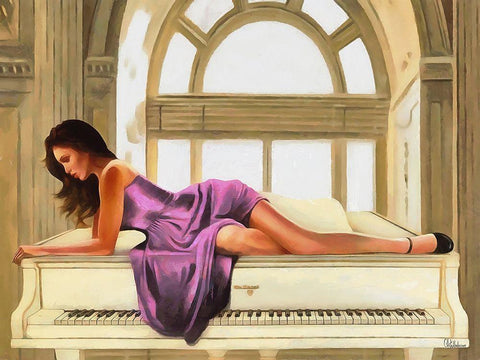 Girl Lying on the Piano Black Ornate Wood Framed Art Print with Double Matting by Medeiros, Celito