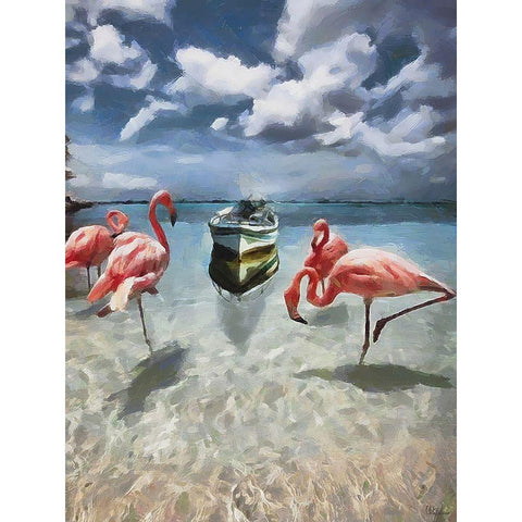 Pink Flamingos White Modern Wood Framed Art Print by Medeiros, Celito