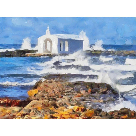 White Church on the Beach Black Modern Wood Framed Art Print by Medeiros, Celito