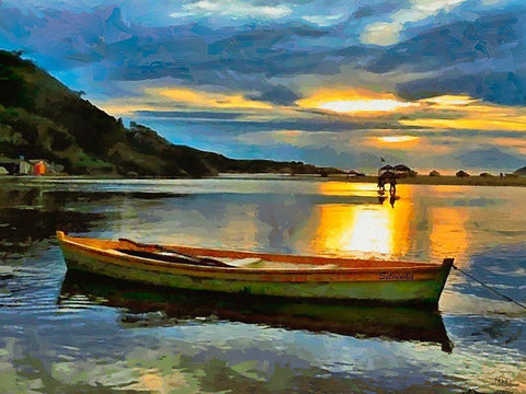 Sunset with green Boat White Modern Wood Framed Art Print with Double Matting by Medeiros, Celito